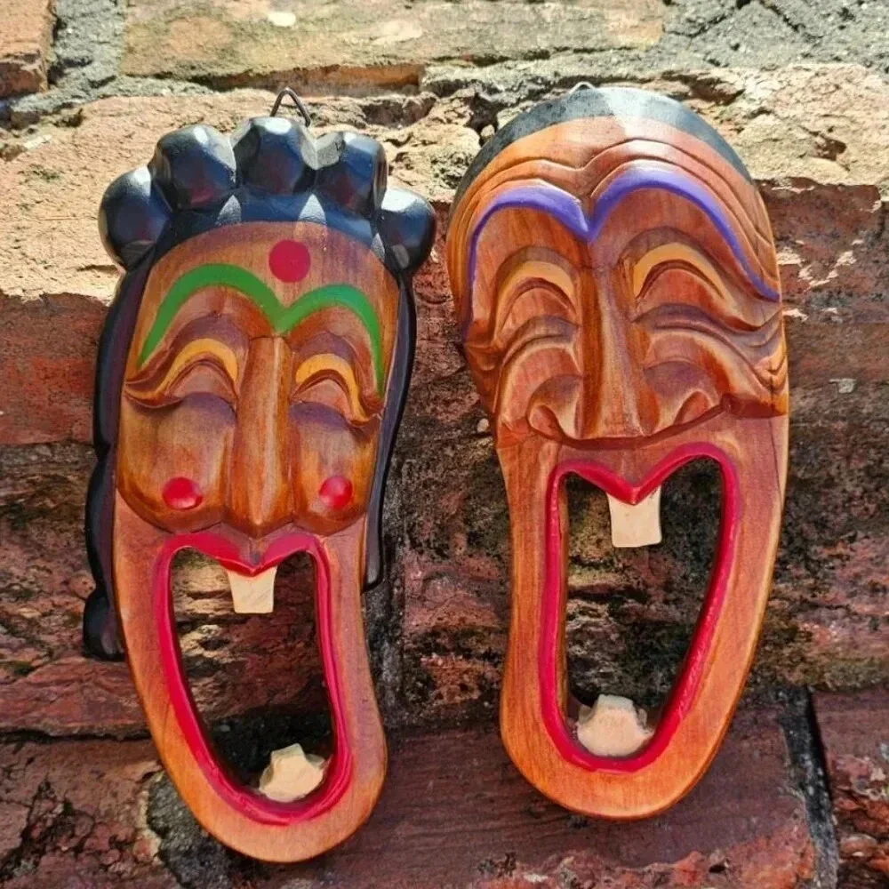 Vtg Comical Korean Hand Carved & Painted Hahoe Tal and Talchum Wood Masks 8 inch